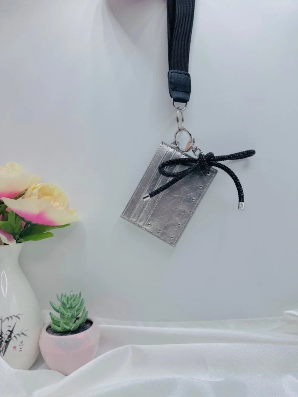 Silver Metallic Card Holder Wristlet Keychain w/ Black Bow Charm & Stud Detail
